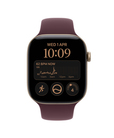 Apple Watch Series 12, screen shows heart rate app, health and fitness icons, aluminum case, light gold color, connected to Sport Band, burgundy color