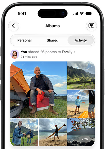 On an iPhone, the Albums screen with the Activity tab selected, showing a Shared Album of photos from a family trip to Hawaii