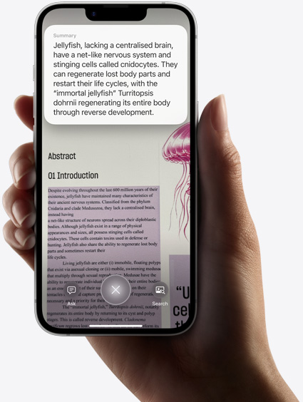 Hand holding iPhone 16e showing results of a search using visual intelligence.