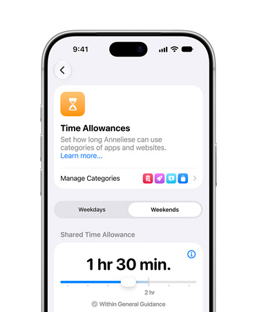 iPhone 18 Pro, Silver, screen shows Time Allowance and Screen Time Schedule options in Settings to allow time and media categories for their child