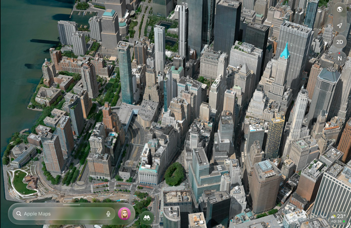 Apple Maps showing a detailed aerial view of a city with buildings, roads and green spaces