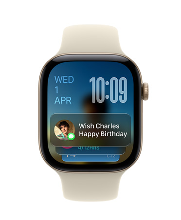 Apple Watch Series 12, Sand Sport Band with Aluminium Light Gold case face shows date at top left, time on top right and Messages widget at bottom