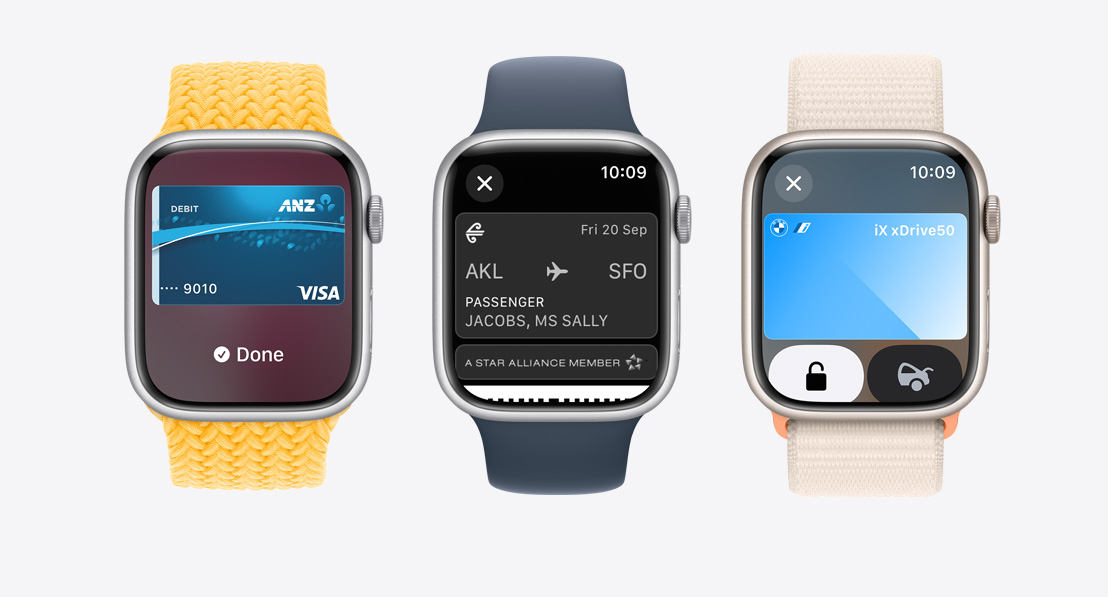 Three Apple Watch Series 9. The first shows Apple Card being used with Apple Pay. The second shows a transit card being used with the Wallet App. The third shows a home key being used through the Wallet app.