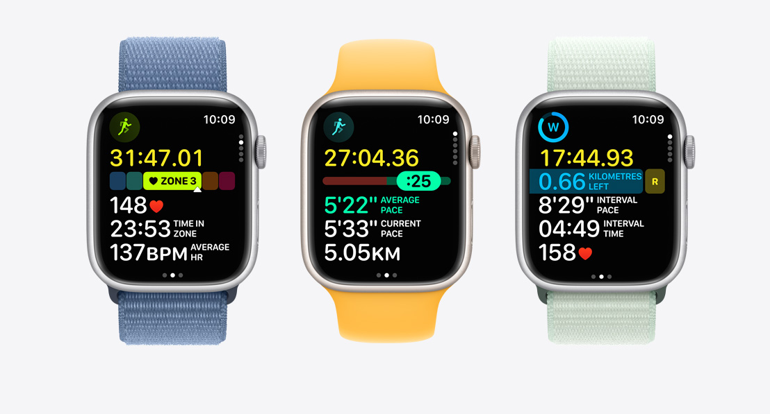 Three Apple Watch Series 9. The first shows Heart Rate Zones in a workout, the second shows Pacer and the third shows a custom workout with intervals.