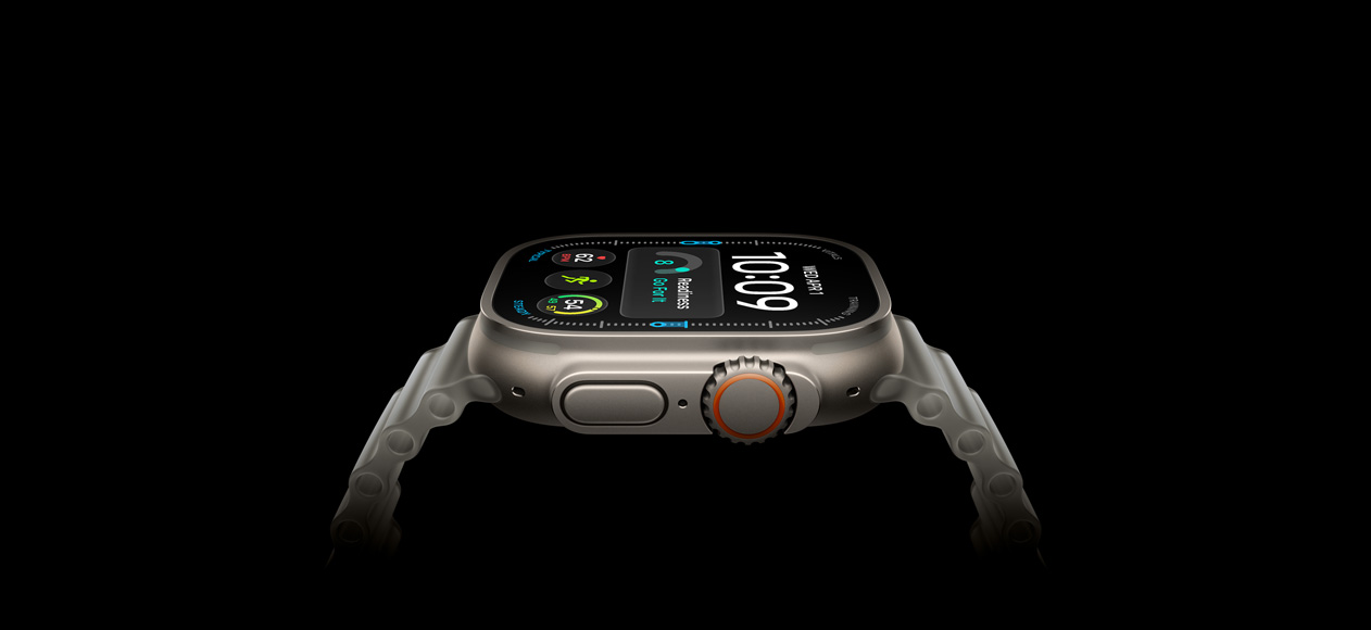 Apple Watch Ultra 4, titanium case, natural color, right exterior, Digital Crown, raised side button, digital watch face, translucent gray Ocean Band
