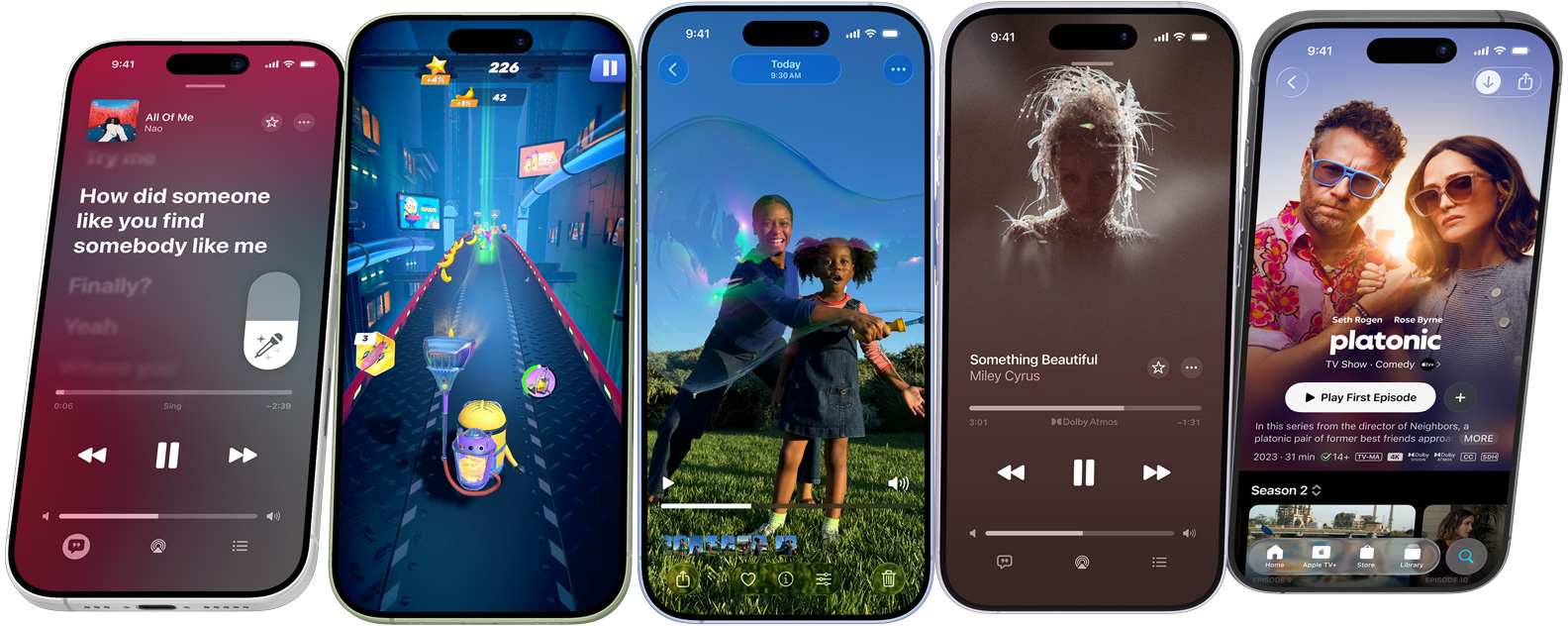 iPhone 17 devices spinning end over end, stopping on screens showing iPhone features