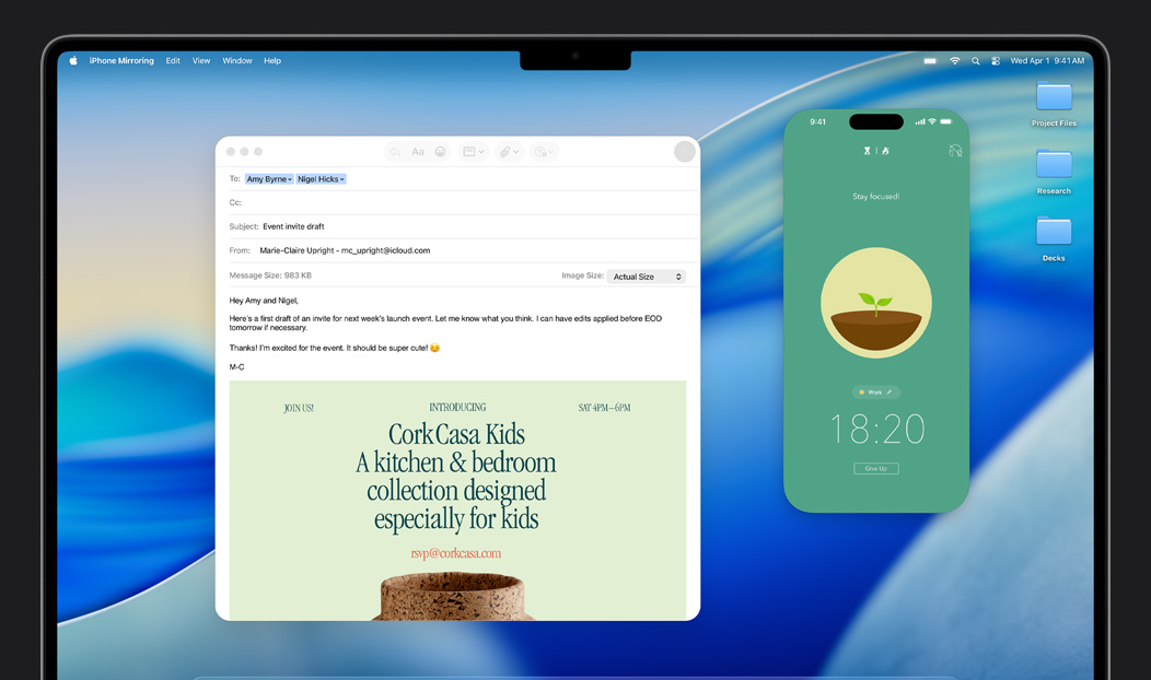 MacBook Pro, Mail app open, iPhone screen mirrored on MacBook Pro screen shows Forest arriving