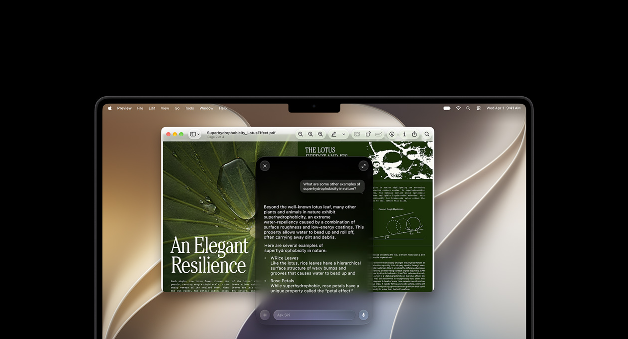 14‑calowy MacBook Pro w kolorze gwiezdnej czerni, na ekranie widać raport pt. „Elegancka odporność” i zapytanie do Siri z odpowiedziami