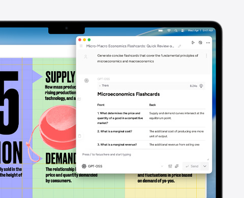 Ekran MacBooka Air przedstawiający Narzędzia pisania Apple Intelligence podczas tworzenia fiszek dotyczących mikro- i makroekonomii