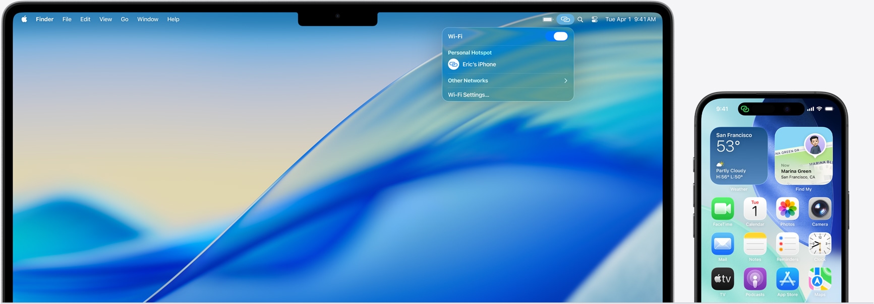 14-calowy MacBook Pro z otwartym Centrum sterowania w pasku menu, napis „iPhone Erica” oznaczający połączenie przez Hotspot osobisty, iPhone 16 z zielonym wskaźnikiem funkcji Hotspot osobisty w lewym górnym rogu ekran