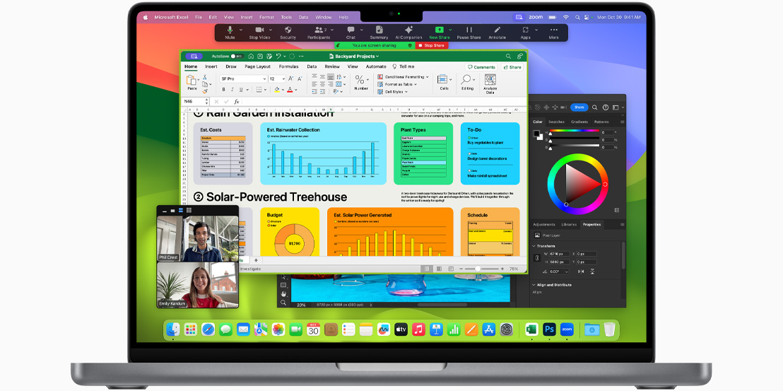 Ecranul unui MacBook Pro care afișează Facetime, Microsoft Excel și Adobe Photoshop.