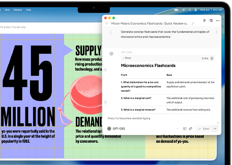 Ecranul unui MacBook Air ce arată Instrumente de scris Apple Intelligence cu care sunt create cartonașe de prezentare despre micro și macro economie