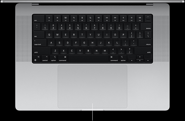 Vedere de sus în jos a unui MacBook Pro de 16 inchi, deschis, prezentând trackpad-ul Force Touch situat sub tastatură
