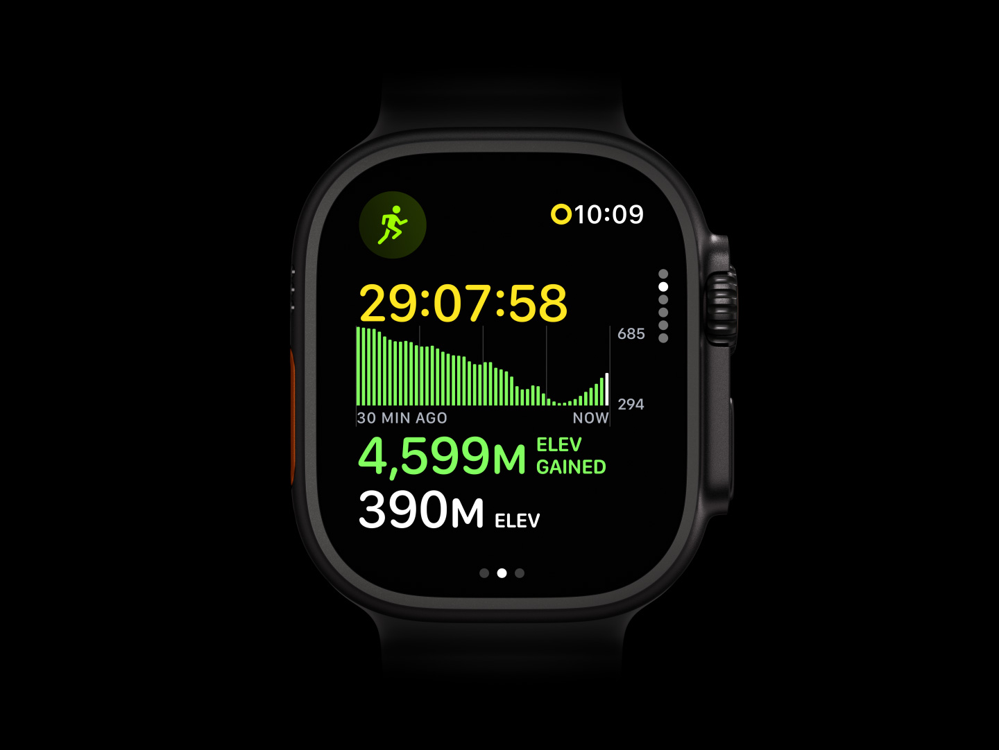Apple Watch Ultra 4, titanium case, black colour, Outdoor Run Workout showing a graph of elevation gained, right side exterior, Digital Crown, raised side button, translucent gray Ocean Band