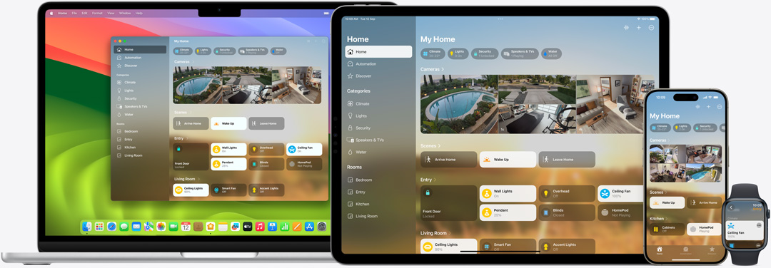 The Home app UI displayed on Mac, iPad, iPhone and Apple Watch.