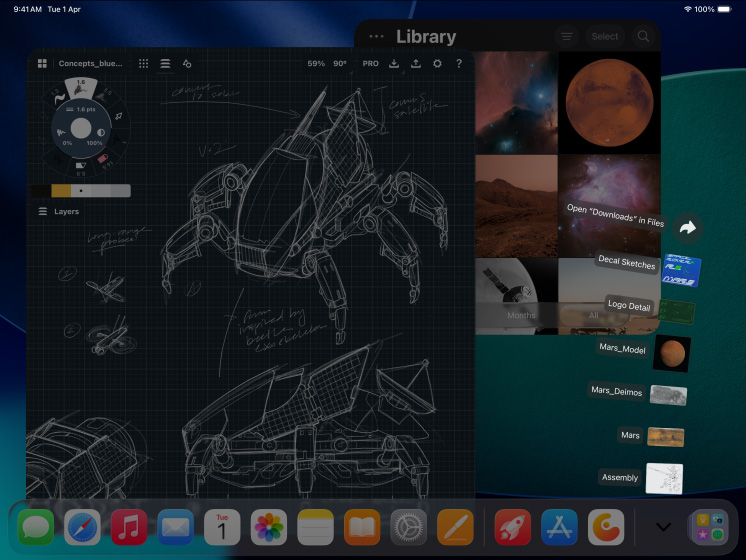 Three iPad Pro devices, front exterior, landscape orientation, space black, Apple Pencil Pro atop iPad Pro, 3 displays showing photo editing apps with open projects of a model on a red background, sketches of mechanical designs with colour adjustment tools, photo library, downloads folder files fanned out, 3D modelling software with geometric shapes and handwritten annotations and formulas