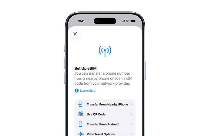 iPhone Air, front exterior, using the Set Up Mobile Service feature to easily transfer a phone number with eSIM