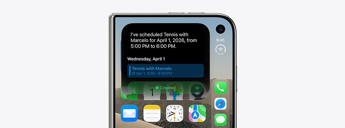iPhone Duo, closed, Siri&nbsp;AI notification indicating a calendar update on outer display