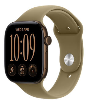 Apple Watch Series 12, aluminum case, dark bronze color, Modular Compact watch face, complications: day and date, Run workout, heart rate, readiness, right side exterior, Digital Crown, side button, Sport Band, olive color