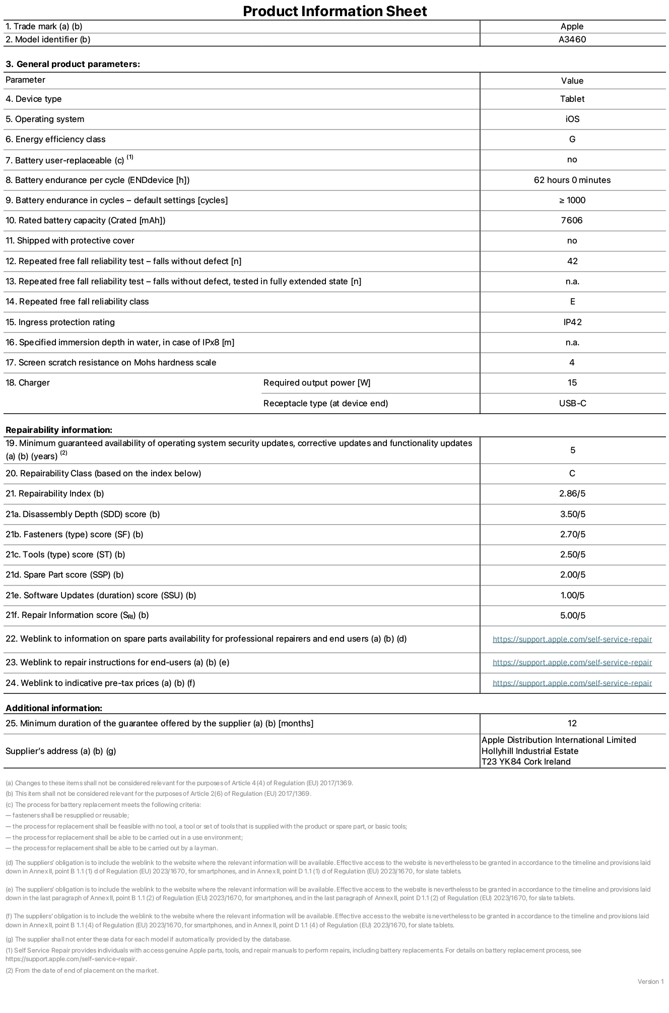 Product information sheet for 11-inch iPad Air Wi-Fi + Cellular, model A3460. Supplied by Apple Distribution International Limited, Hollyhill Industrial Estate. Cork, Ireland, T23 YK84. Device type: tablet. Operating system: iOS. Energy efficiency class: G. Battery user-replaceable: no. Battery endurance per cycle: 62 hours. Battery endurance in cycles - default settings: greater than or equal to 1,000. Rated battery capacity: 7606 milliampere-hours. Shipped with protective cover: no. Repeated free fall reliability test - falls without defect: greater than or equal to 42. Repeated free fall reliability test - falls without defect tested in fully extended state: not applicable. Repeated free fall in reliability class: E. Ingress protection rating: IP42. Specified immersion depth in water, in case of iPx8: not applicable. Screen scratch resistance on Mohs hardness scale: 4. Charger required output power: 15 watts. Charger receptacle type (at device end): USB-C. Minimum guaranteed availability of operating system security updates, corrective updates and functionality updates: 5 years. Repairability class: C. Repairability index: 2.86/5. Disassembly Depth (SDD) score: 3.50/5. Fasteners score: 2.70/5. Tools score: 2.50/5. Spare part score: 2.00/5. Software updates score: 1.00/5. Repair information score: 5.00/5. Weblink to information on spare parts availability for professional repairers and end-users: https://support.apple.com/self-service-repair. Weblink to repair instructions for end-users: https://support.apple.com/self-service-repair. Weblink to indicative pre-tax prices: https://support.apple.com/self-service-repair. 12 month general guarantee offered.