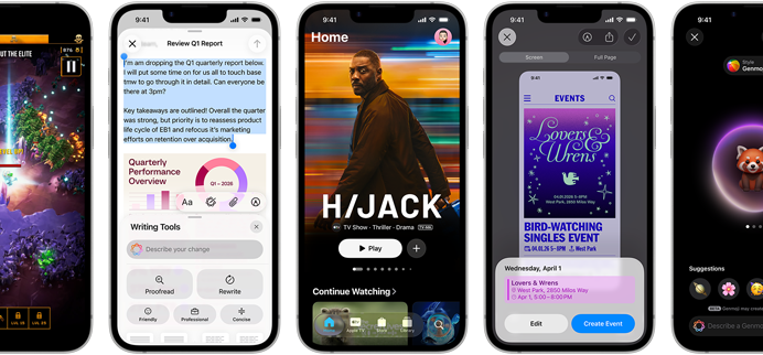 Side-by-side iPhone 17e devices showing different screens: a game being played, Writing Tools, Apple TV app, a calendar event being created, a Genmoji being created