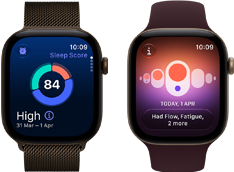 Dve zariadenia Apple Watch Series 12, hliníkový kryt v tmavobronzovej farbe, kruhový graf spánkového skóre, korunka Digital Crown, milánska slučka v tmavobronzovej farbe, hliníkový kryt v svetlozlatej farbe, Sledovanie cyklu, športový remienok v burgundskej farbe