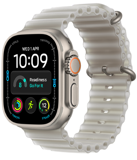 Apple Watch Ultra 3, prírodná farba, titánový kryt, ciferník Orientácia, komplikácie: počasie, poloha zaparkovaného auta, satelit, vzdialenosť od hladiny, vonkajšia pravá strana, Digital Crown, mikrofón, bočné tlačidlo, oceánsky remienok, neónová zelená farba