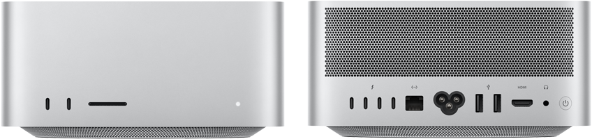 Mac Studio spredu, dva porty USB‑C, slot na kartu SDXC, stavová kontrolka, zúžená základňa naspodku, plochá vrchná strana, zaoblené bočné strany, rovné hrany, strieborná farba, Mac Studio zozadu, perforovaný hliníkový prieduch, štyri porty Thunderbolt 5, jeden port Ethernet, jedna napájacia zásuvka, dva porty USB-A, jeden port HDMI, jeden konektor na slúchadlá a vypínač
