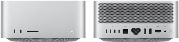 Mac Studio spredu, dva porty USB‑C, slot na kartu SDXC, stavová kontrolka, zúžená základňa naspodku, plochá vrchná strana, zaoblené bočné strany, rovné hrany, strieborná farba, Mac Studio zozadu, perforovaný hliníkový prieduch, štyri porty Thunderbolt 5, jeden port Ethernet, jedna napájacia zásuvka, dva porty USB-A, jeden port HDMI, jeden konektor na slúchadlá a vypínač