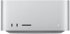Mac Studio spredu, dva porty USB‑C, slot na kartu SDXC, stavová kontrolka, zúžená základňa naspodku, plochá vrchná strana, zaoblené bočné strany, rovné hrany, strieborná farba, Mac Studio zozadu, perforovaný hliníkový prieduch, štyri porty Thunderbolt 5, jeden port Ethernet, jedna napájacia zásuvka, dva porty USB-A, jeden port HDMI, jeden konektor na slúchadlá a vypínač