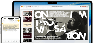 iPhone 16 Plus so zvýrazneným textom v apke Poznámky, MacBook Air s otvorenou prezentáciou v Keynote, na snímke je text z apky Poznámky