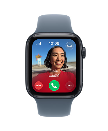 Apple Watch SE 3, ตัวเรือนอะลูมิเนียม, สีมิดไนท์, สายโทรเข้า, รูปภาพผู้ติดต่อ, ปุ่มรับและปฏิเสธสาย, ภายนอกด้านขวา, Digital Crown, สายแบบ Sport Band, สีม่วงควันหมอก