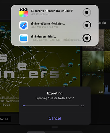 Background tasks notification showing progress of video export, file download, and moving notes to backup