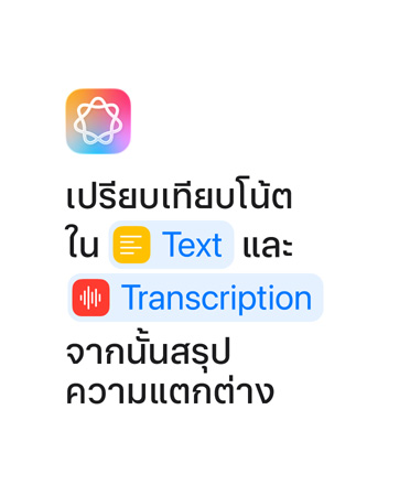 เปรียบเทียบโน้ตใน Text และ Transcription จากนั้นสรุปเนื้อหา โดยไฮไลท์คำว่า 'Text' และ 'Transcription' ด้วยสีฟ้าเหมือนที่แสดงในแอปคำสั่งลัด