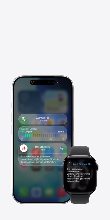iPhone 17 Pro ekranında, kaydedilen sesin alt yazısıyla aktif bir Canlı Dinleme oturumu ve Apple Watch Series 11 ekranında ise kaydedilen aynı sesin Canlı Alt Yazıları gösteriliyor