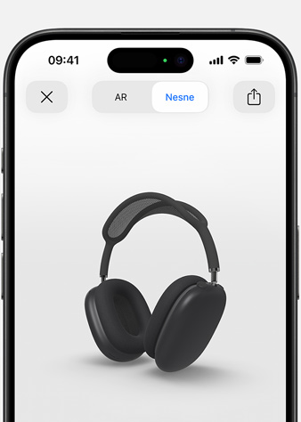 Görselde iPhone’daki Artırılmış Gerçeklik ekranında yer alan Uzay Grisi Rengi AirPods Max gösteriliyor.