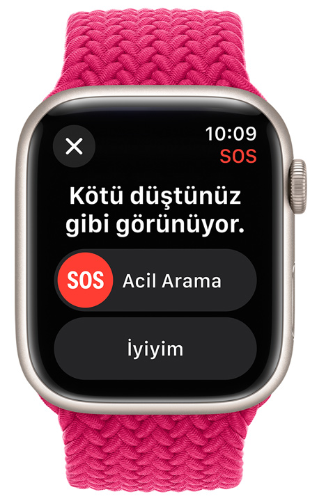 Ekranında SOS özelliği açık bir Apple Watch’un önden görünümü.