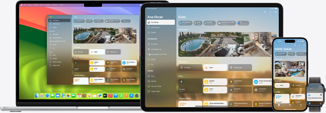 Ev uygulamasının arayüzü Mac, iPad, iPhone ve Apple Watch ekranlarında gösteriliyor.