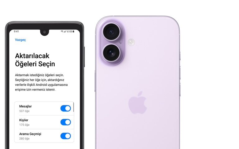 Side-by-side, Android screen showing Move to iOS App, iPhone 17, back exterior, Advanced dual-camera system in top left corner