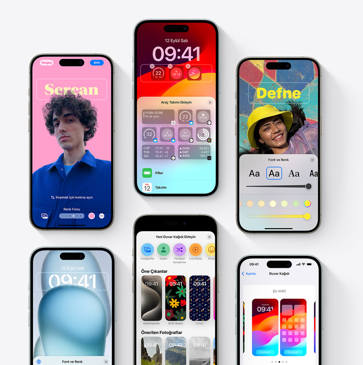 Kilit Ekranı’nı özelleştirme ve Kişi Posteri gibi eğlenceli kişiselleştirme özelliklerini gösteren, ızgara şeklinde dizilmiş altı adet iPhone modelinin görseli.