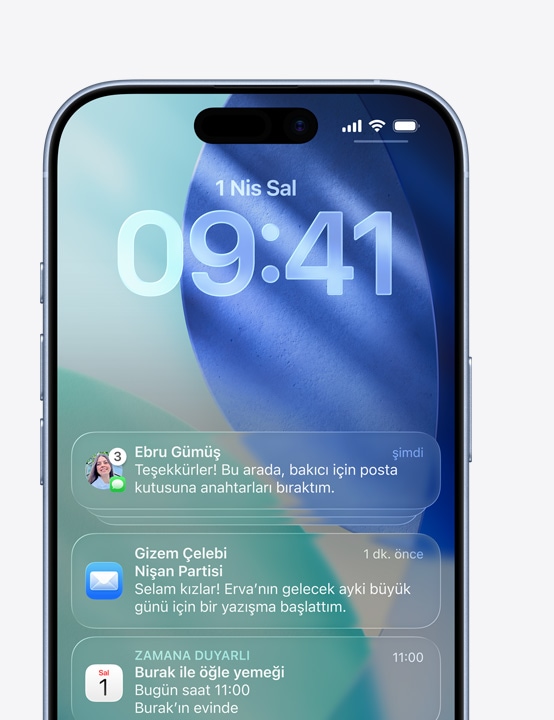 Mesajlar, Mail ve Takvim uygulamaları bildirim pencerelerinin yer aldığı iPhone ekranı görünüyor