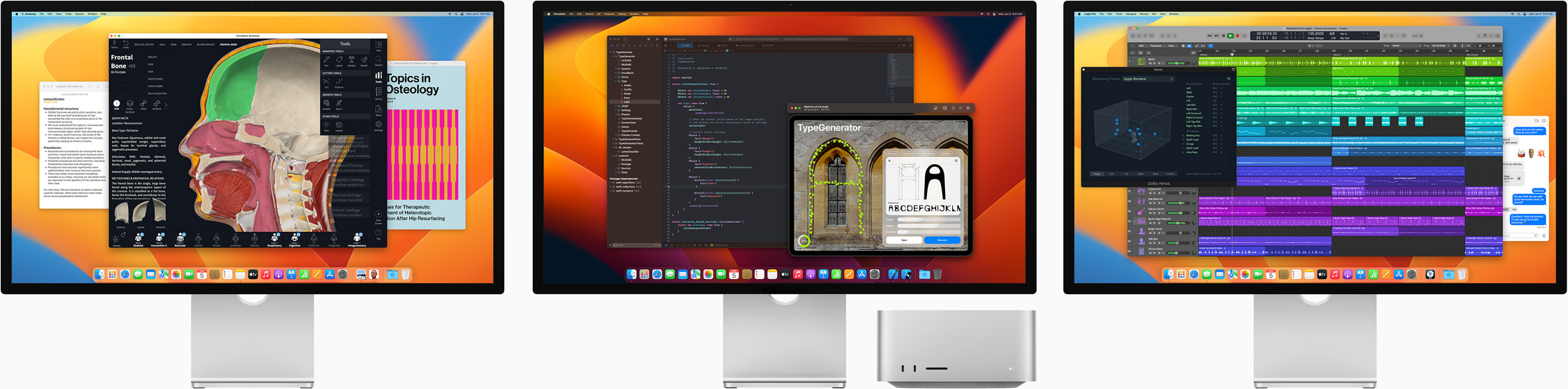 Mac Studio ve her biri farklı uygulamaların görüntülerini içeren üç adet Studio Display