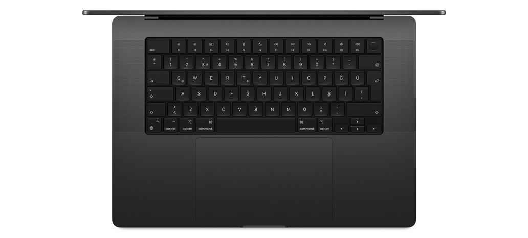 Yerleşik trackpad ve Touch ID özellikli Magic Keyboard’u gösteren, MacBook Pro’nun üstten görünümü