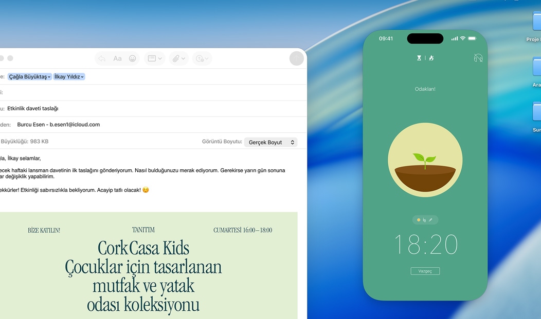 MacBook Pro, Mail uygulaması açık, MacBook Pro ekranına yansıtılan iPhone ekranında Forest uygulaması gösteriliyor