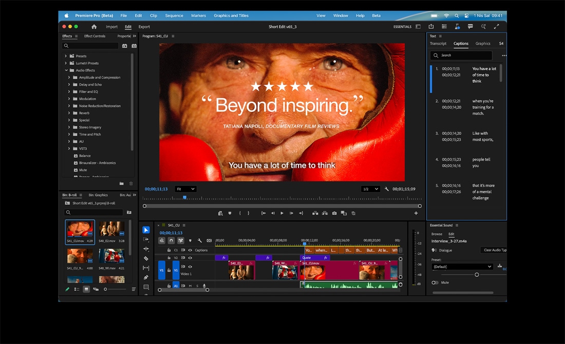 MacBook Pro ekranında, Adobe Premiere Pro’da Eternal Play adlı filmin nasıl düzenlendiği gösteriliyor
