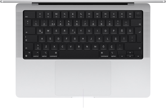 Klavyenin altında bulunan Force Touch trackpad’i gösteren açık haldeki bir 14 inç MacBook Pro’nun üstten görünümü