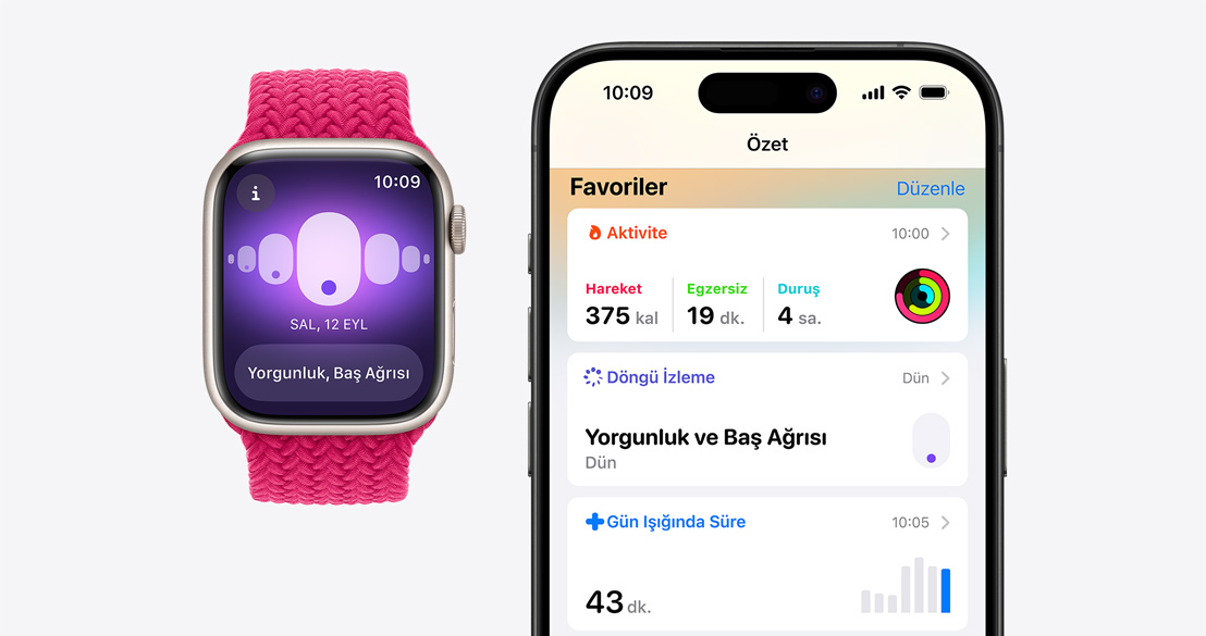 Apple Watch Series 9’un ekranında Döngü İzleme uygulaması ve iPhone 15 Pro’nun ekranında Sağlık uygulamasındaki Döngü İzleme bilgileri gösteriliyor.