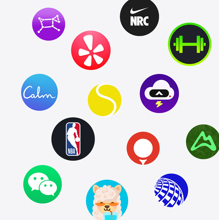 App Store’daki Apple Watch uygulamalarının simgeleri. ChargePoint, Yelp, Nike Run Club, SmartGym, Calm, NBA, SwingVision, Oceanic+, WeChat, Waterllama, Golfshot, JetBlue ve AllTrails.