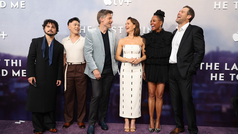 Augusto Aguilera, John Harlan Kim, Nikolaj Coster-Waldau, Jennifer Garner, Aisha Tyler and Geoff Stults attend the premiere of the Apple TV+ limited series “The Last Thing He Told Me” at the Bruin Theatre. “The Last Thing He Told Me” will make its global debut on Apple TV+ on Friday, April 14, 2023.