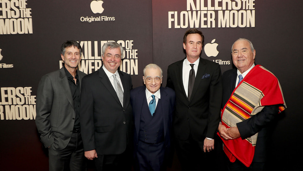 Jamie Erlicht, Eddy Cue, Martin Scorsese, Zack Van Amburg and Principal Chief Geoffrey Standing Bear at Alice Tully Hall, Lincoln Center.